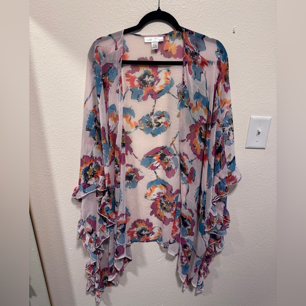 Motherhood Maternity Sheer Floral Open-Front Kimono in Pink and Teal